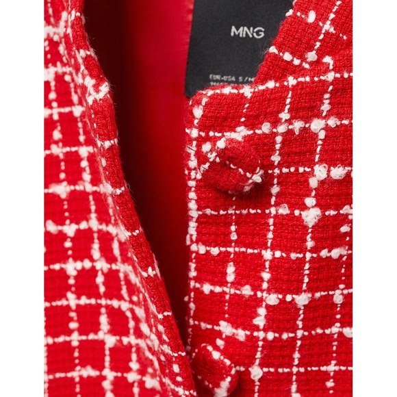 Mango Helena Red White Tweed Bomber Jacket Mock Neck Cropped XL NEW 57086010 - Picture 4 of 6
